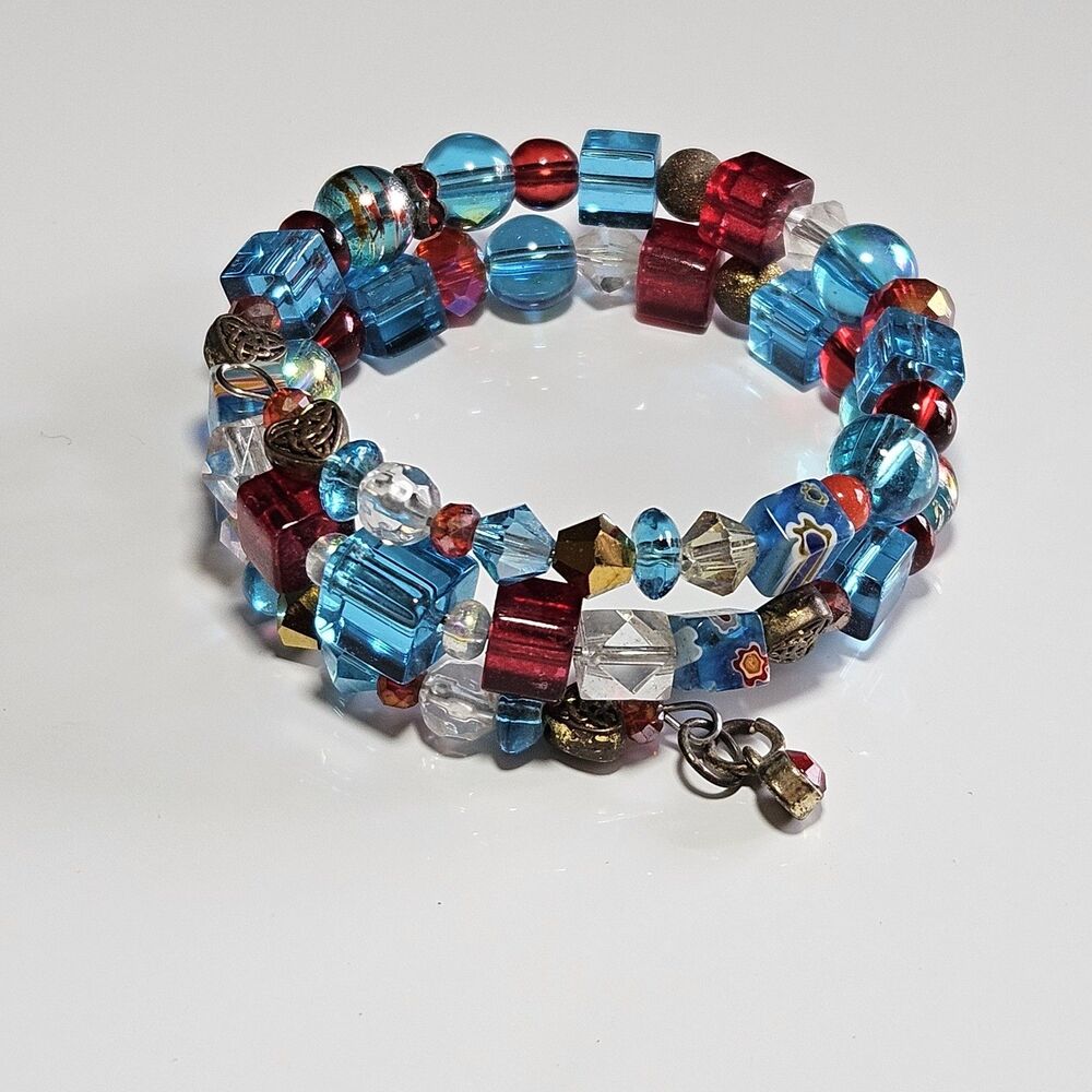 Blue Red Gold Tone Glass Beaded Wrap Bracelet